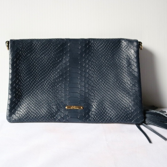 Gigi New York Navy Leather Foldover Crossbody Shoulder Purse Clutch Python Snake - Picture 1 of 9